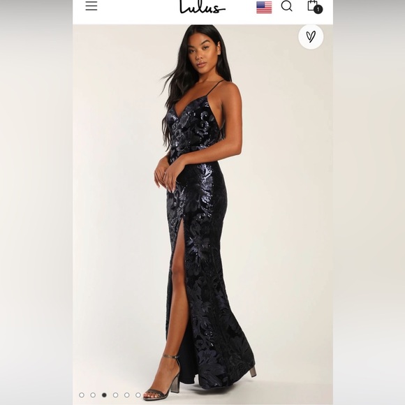 Alluring Romance Navy Blue Sequin Velvet Mermaid Maxi Dress. Size large. - Picture 1 of 14